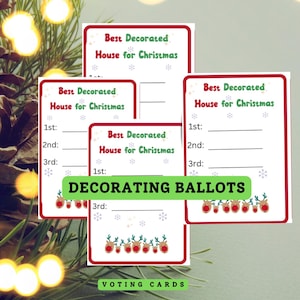 Stemkaarten voor feestdagen, best ingerichte huis voor kerst, stembiljetten afdrukbaar, spelletjes, evenementen, inzamelingsactie