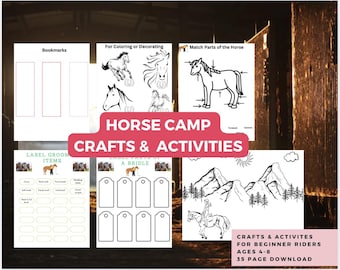 Horse Camp Activity Bundle:Beginner horse camper Worksheets (Ages 4-8),Equestrian Learning Pages, Kids Coloring Sheets, Horse practice pages