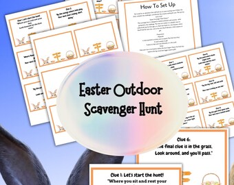 Puede incluir: Un juego de búsqueda del tesoro de Pascua imprimible con 12 pistas. Las pistas están impresas en tarjetas naranja y blancas con una ilustración de un conejito. La pista final es "La pista final está en la hierba, mira a tu alrededor, y pasarás."