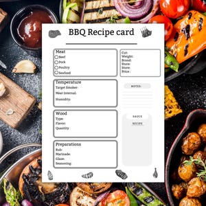 May include: A printable BBQ recipe card with sections for meat, temperature, wood, preparations, sauce, and notes. The card is surrounded by images of grilled vegetables and meat.
