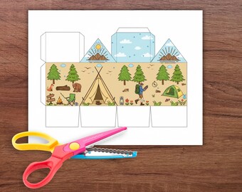 Camping Paper House Craft: Druckbare Färbung Aktivität, Wald Färbung Handwerk, Camping Thema Aktivitäten, Sommer Camping Craft,