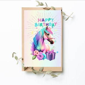 Carte de joyeux anniversaire poney arc-en-ciel imprimable. carte thème cheval, équin arc-en-ciel pour célébrer avec style, carte d'anniversaire fille cheval
