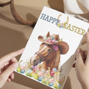 Cartão de Páscoa de cavalo, cartão de Páscoa de cavalo, cartão de Páscoa equestre, cartão de Páscoa para amantes de cavalos para impressão, cartão de Páscoa de pônei, cartão de Páscoa na fazenda, cartão de Páscoa
