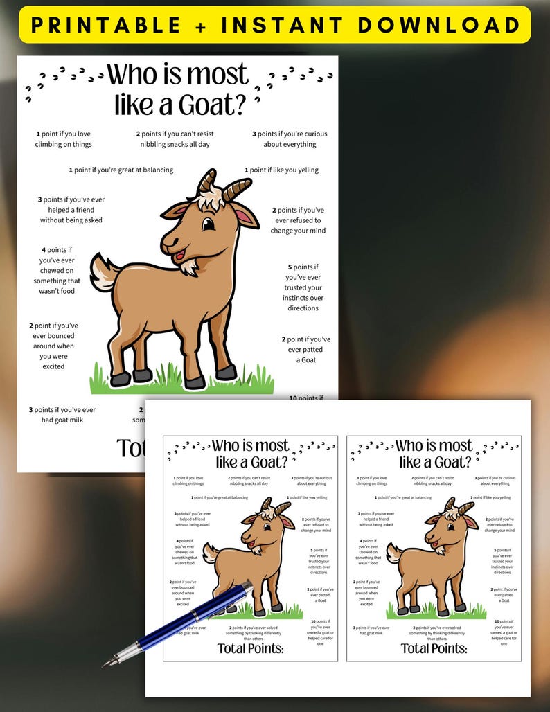 Goat Any Questions Who is Most Like a Goat? Goat Printable Game, Farm/barnyard Party Game ...