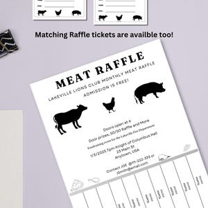 Pode incluir: Um folheto branco com texto preto anunciando uma rifa mensal de carne do Lakeville Lions Club. O folheto inclui a data, a hora, o local e as informações de contato para o evento. O folheto também inclui uma silhueta de uma vaca, um frango e um porco.