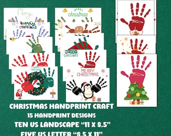 May include: A set of 15 printable Christmas handprint craft designs. The designs feature various Christmas themes, including a penguin, a Christmas tree, and a wreath. The designs are available in two sizes: 11 x 8.5 inches and 8.5 x 11 inches.