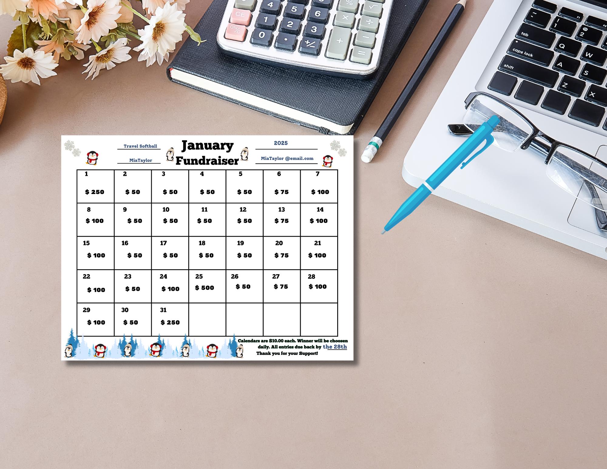 January Raffle Ideas January Cash Calendar Raffle, Monthly Cash Calendar Raffle, January ...