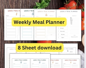 Weekly Meal Planner Printable,Weekly Meal Planner Printable with Shopping List,Menu Plan for Breakfast Lunch Dinner, Food  Journal