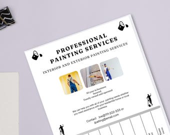Op de afbeelding: Een flyer voor een professionele schilderservice. De flyer bevat een verfpot-icoon, foto's van schilders en de tekst "Professionele Schilderdiensten, Binnen- en Buitenschilderwerk". De flyer bevat ook de contactgegevens van het bedrijf.