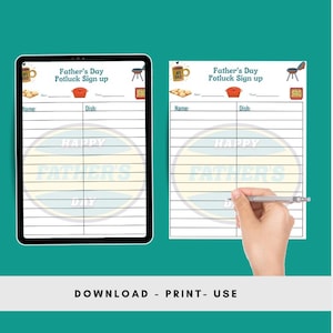May include: A printable Father's Day potluck sign-up sheet with a colorful Happy Father's Day graphic. The sheet has spaces for guests to write their names and the dish they will be bringing.
