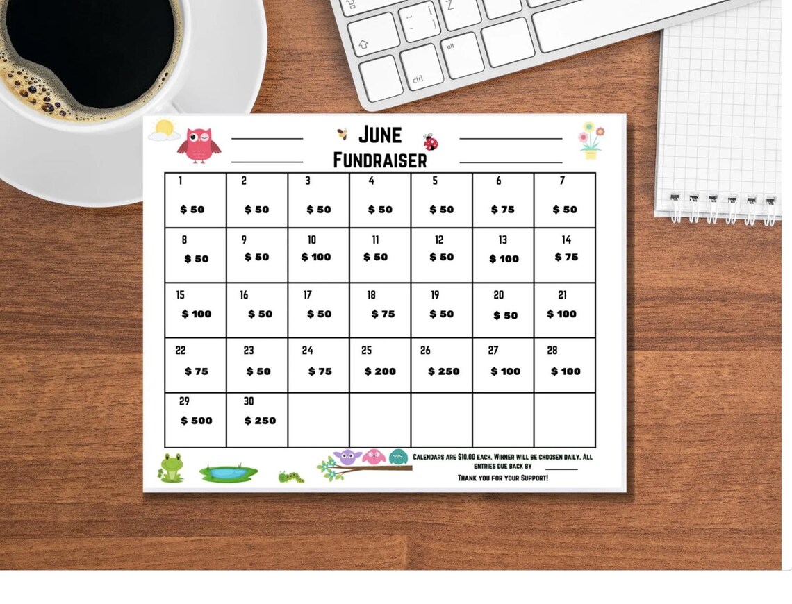 June Raffle Themes Printable June Cash Calendar Raffle, Cash Calendar Fundraiser,daily ...