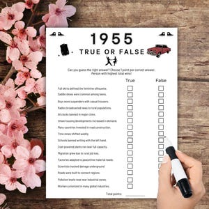 1955 True or False Game, 1955 Trivia game,True/False trivia game about 1955 born or married in 1955 trivia, pub trivia, 1955 party trivia