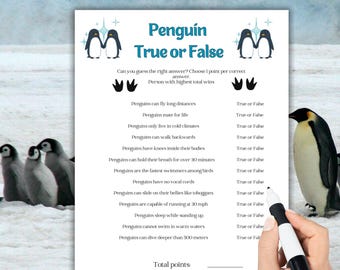 Trivia-spel pinguïn waar of niet waar: plezier voor het hele gezin, winterpinguïnspel, pinguïnfeestspel, feestspel winterpinguïnthema