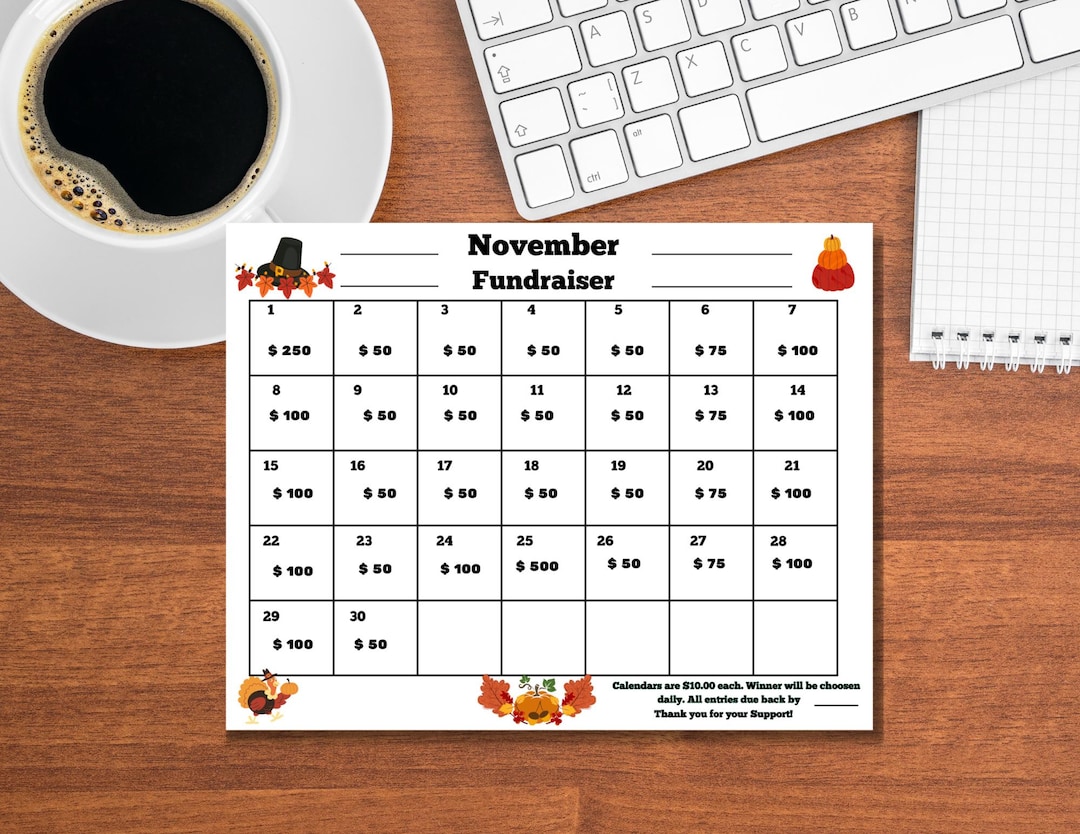 November Cash Calendar Raffle Board, Pick a Date Fundraiser, November ...