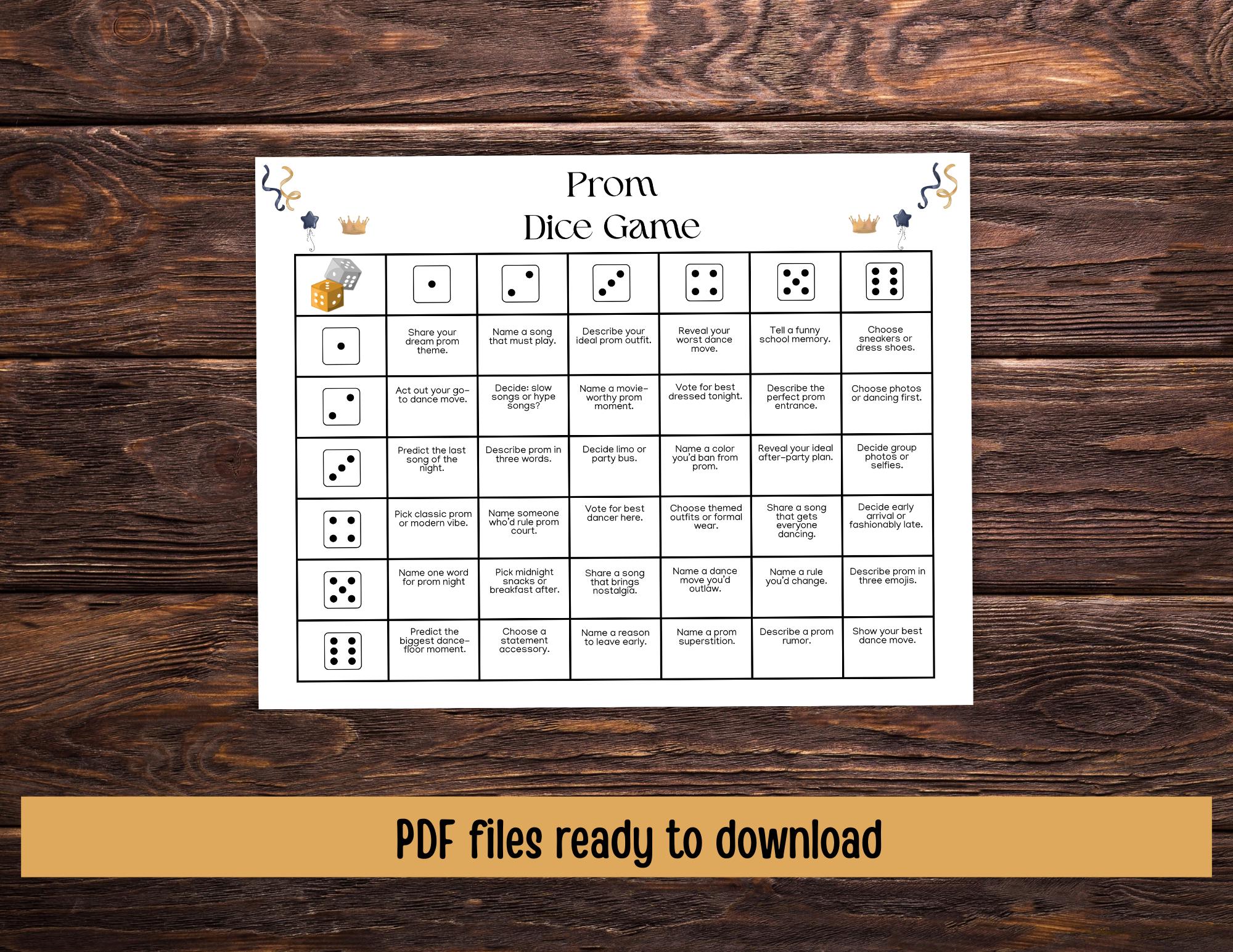 Prom Dice Game, Prom-themed Party Game, Funny Prom Night Group ...