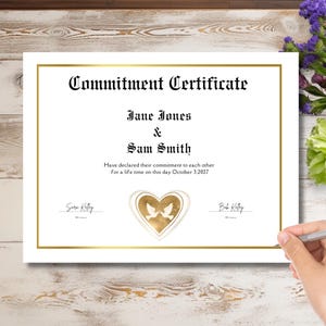 Commitment Vow Certificate - Gold Heart & Dove Design,editable and custom, vow renewal certificate, wedding and ceremony certificate