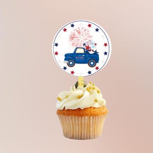 Patriotic Cupcake toppers for a Fourth of July Celebration, July 4th cupcake stickers and dessert decorations, red white and blue cupcake