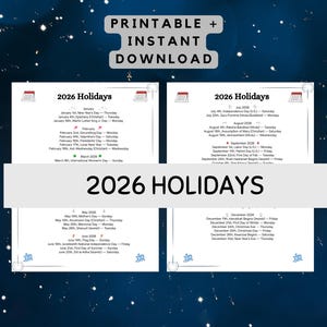 2026 Holiday Calendar Printable: US National Holidays (Digital Download, PDF Files, 4 Sizes)