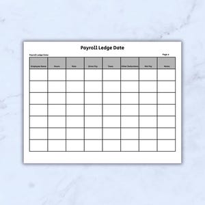 May include: A white payroll ledger with a grid of boxes for data entry. The title "Payroll Ledge Date" is at the top. Columns include Employee Name, Hours, Rate, Gross Pay, Taxes, Other Deductions, Net Pay, and Notes.