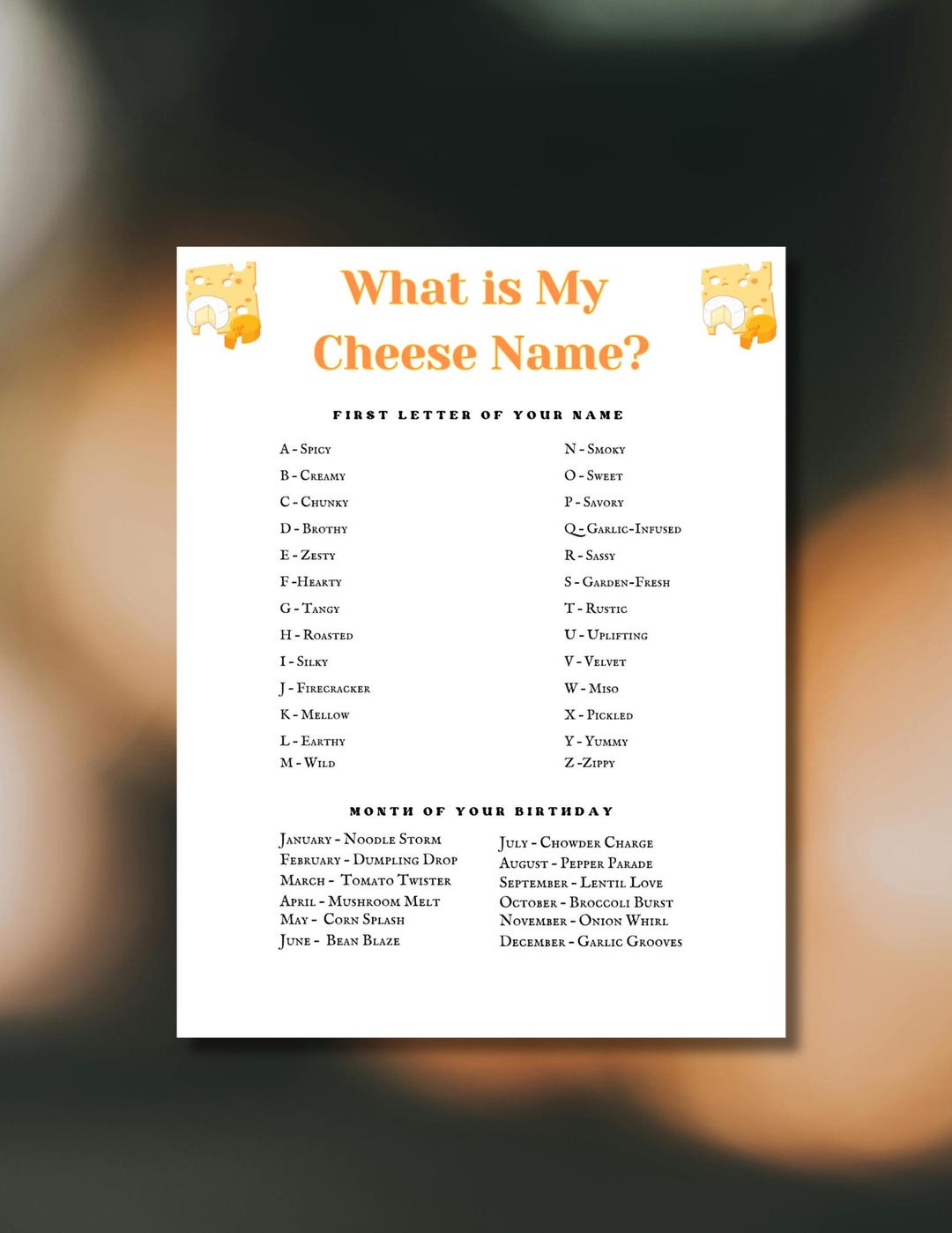 What is Your Cheese Name Game,cheese Party Game, Printable Party Game ...