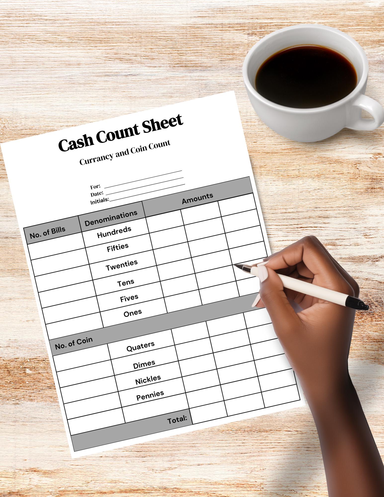 Printable Cash Count Sheet,daily Cash Tracker,daily Cash Log,printable Cash  Denomination Form Cash Reconciliation Sheet,register Audit