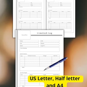 May include: Three white livestock log sheets with a pen and the text "US Letter, Half letter and A4". The logs include sections for name, sex, breed, health, and growth details. The pen is blue and silver.