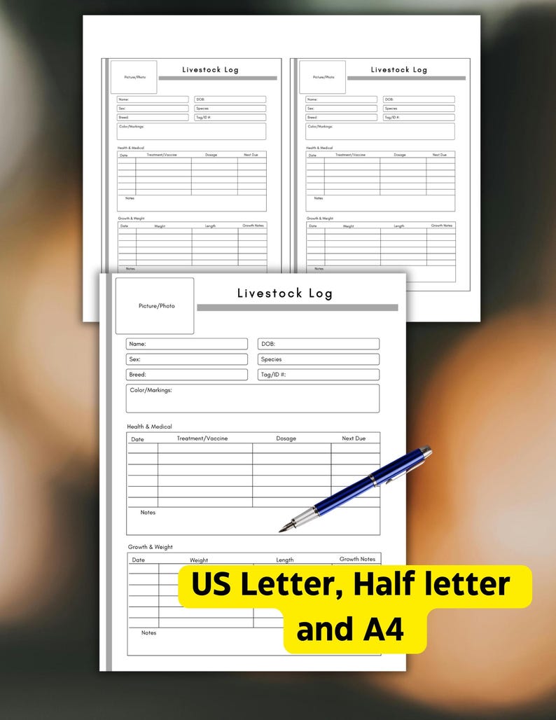 May include: Three white livestock log sheets with a pen and the text "US Letter, Half letter and A4". The logs include sections for name, sex, breed, health, and growth details. The pen is blue and silver.