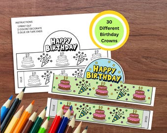 Corona de cumpleaños para imprimir, manualidad para colorear, gorro de cumpleaños para niños, actividad divertida para el aula, manualidad para fiestas temáticas de cumpleaños, actividad de cumpleaños