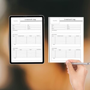 May include: A digital tablet and a printed sheet showing a "Livestock Log" form. The form has sections for name, breed, health, and growth details. The text "DOWNLOAD - PRINT - USE" is at the bottom.
