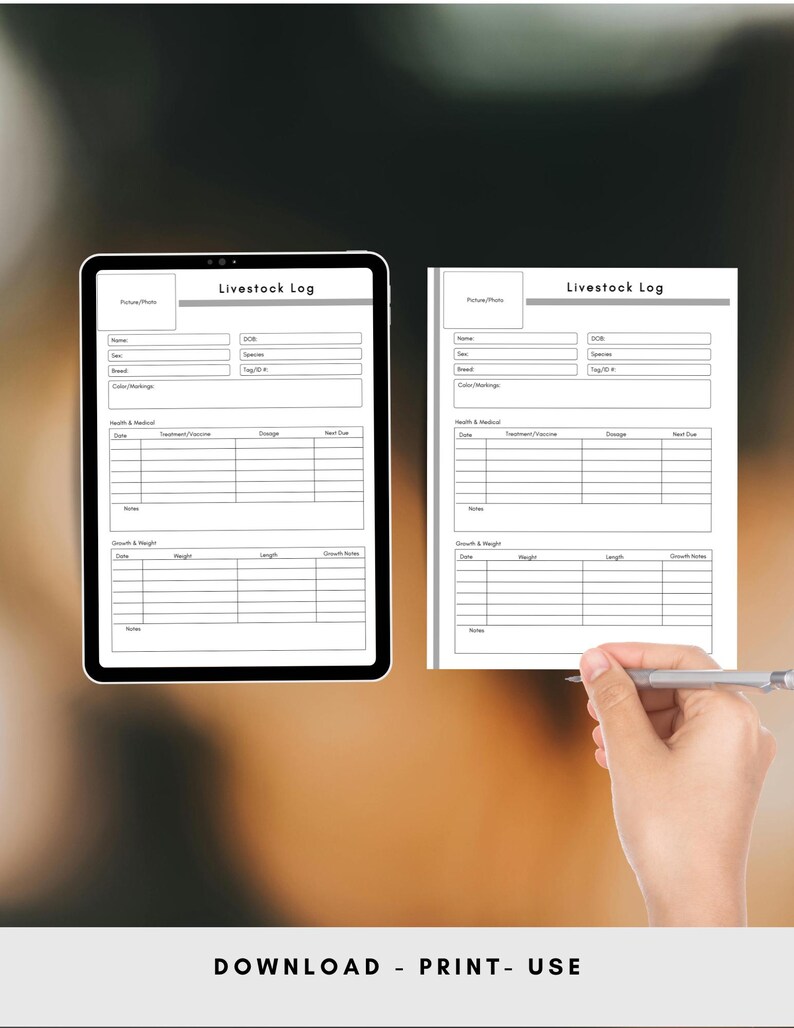 May include: A digital tablet and a printed sheet showing a "Livestock Log" form. The form has sections for name, breed, health, and growth details. The text "DOWNLOAD - PRINT - USE" is at the bottom.