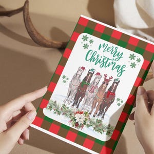 Tarjeta imprimible de Feliz Navidad con caballos, linda tarjeta equina, tarjeta navideña ecuestre, tarjeta navideña para amantes de los caballos, tarjeta navideña de granja