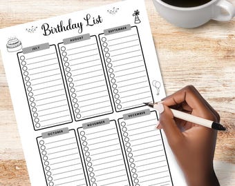 Printable Birthday Tracker: Undated Monthly Planner, birthday organizer, birthday list planner,Organized Chart to Track  Birthdays All Year