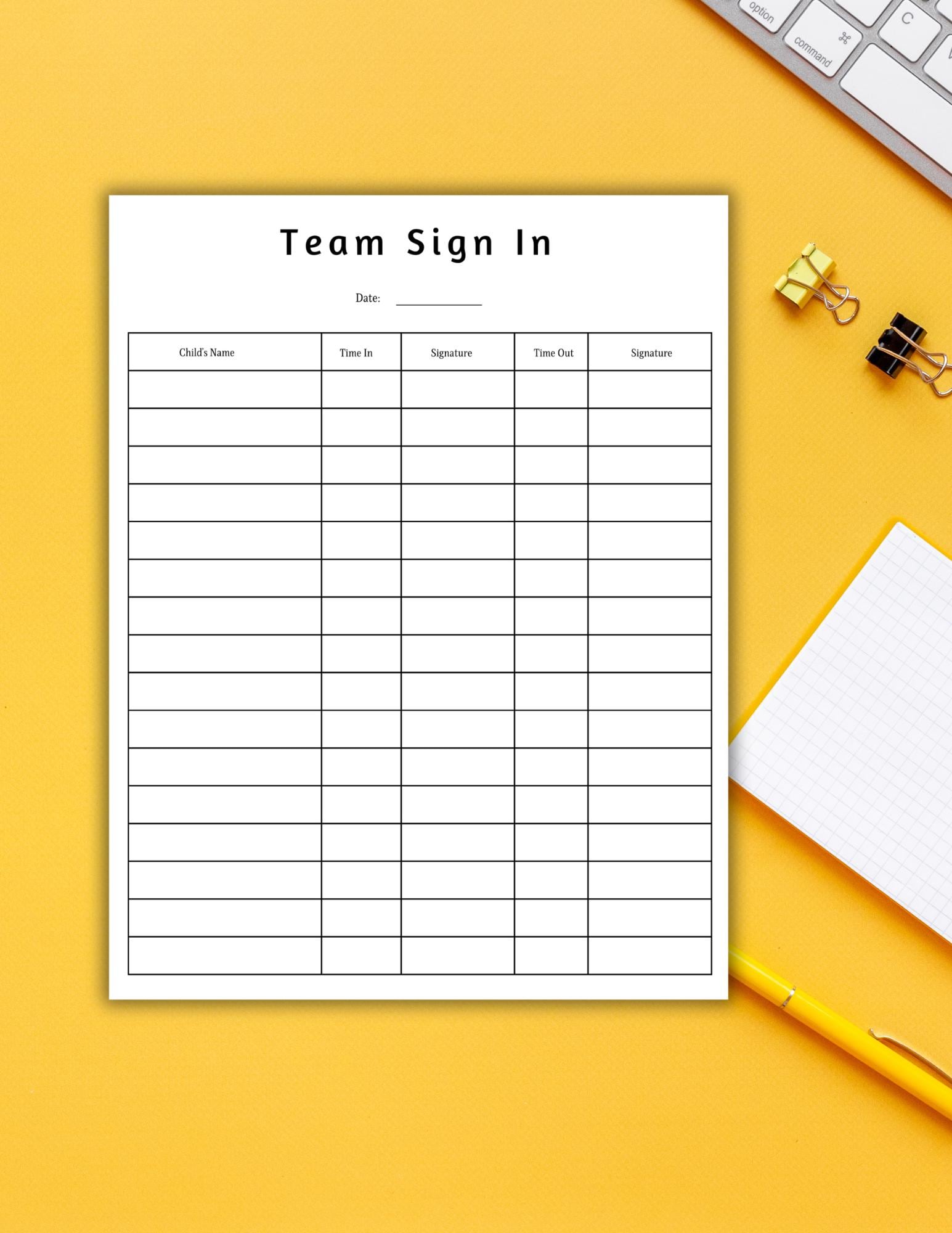 Team Signign Sheet Example Printable Team Sign in /sign Out Sheet, Team Attendance Log, Attendance ...