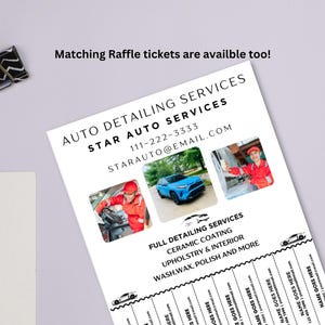 Może przedstawiać: Biała ulotka z czarnym tekstem reklamująca usługi detailingu samochodowego. Ulotka zawiera logo samochodu ze gwiazdą. Tekst brzmi: "Star Auto Services", "Auto Detailing Services", "111-222-3333", "Starauto@email.com", "Full Detailing Services", "Ceramic Coating", "Upholstery & Interior", "Wash, Wax, Polish and More". Ulotka zawiera również dwa zdjęcia samochodów, które są szczegółowo opisane.