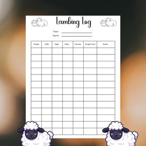 Puede incluir: Una hoja blanca de "Lambing Log" con una cuadrícula para registrar datos de ovejas. La parte superior presenta el título y espacio para el año y la granja. Lindas ovejas de dibujos animados están en la parte superior e inferior. El registro incluye columnas para ovejas, DOB, etiqueta, sexo y notas.