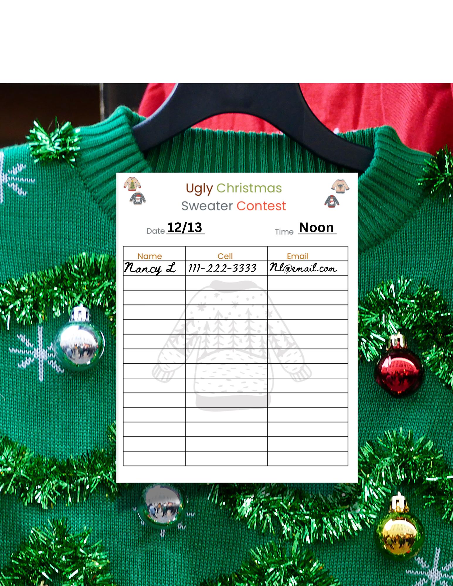 Printable Sign up Sheet for an Ugly Sweater Contest Contestant Sign up