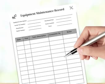 Printable Equipment Maintenance Record,Machine Service Log,Equipment Repair Tracker Maintenance  Logbook, Tool/ Fleet Maintenance Sheet
