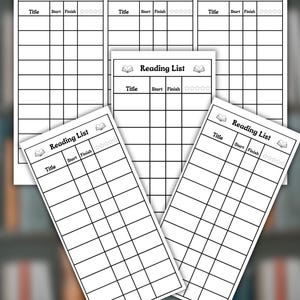 May include: Multiple white "Reading List" sheets, ideal for tracking books. Each sheet features the text "Reading List", with sections for title, start, finish, and star ratings. The sheets are arranged against a blurred background.