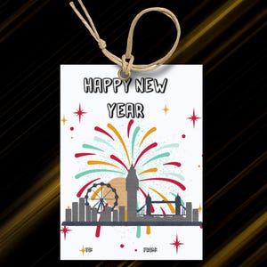 Printable Gift and present tag for New Years, new years favors, New years eve party and treat tags, London skyline new years favor and tag