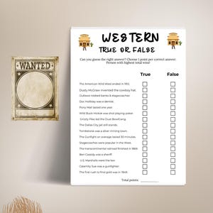 Western True or False Trivia Game: Cowgirl Party, Family Game Night (PDF Download