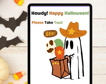 Letrero para llevar dos dulces de Halloween, letrero para la puerta para llevar dos golosinas de Halloween, letrero para porche/puerta de entrada con diseño de fantasma vaquero de Halloween/truco o trato, letrero para llevar dos golosinas