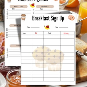 Puede incluir: Una hoja de inscripción para el desayuno imprimible con un fondo marrón claro y una cuadrícula blanca. La hoja tiene encabezados para la fecha, la hora, el nombre, el teléfono, el correo electrónico y traerá. Hay dos ilustraciones de magdalenas en la parte inferior de la hoja.