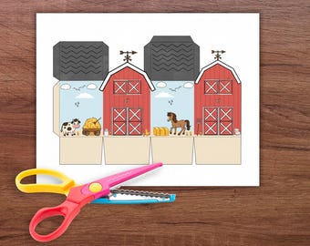 Paper Barn Craft, Farmhouse Coloring Activity, farm birthday activity, paper barn for farm party, paper house craft of a barn,Barn & Animals