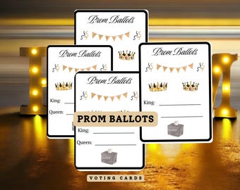 May include: Four white cards with the text "Prom Ballots" printed in black. Each card has a banner of flags and two gold crowns. The cards have lines for writing in the names for King and Queen. The bottom card has a grey box with a white tissue and the text "Voting Cards" printed in black.