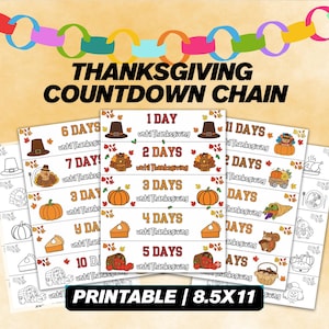 Puede incluir: Cadena de cuenta regresiva de Acción de Gracias imprimible en papel blanco. El diseño incluye ilustraciones de calabazas, pastel y un pavo. El texto dice "PRINTABLE | 8.5X11" y "DÍAS hasta Acción de Gracias". Una colorida cadena de papel en la parte superior.