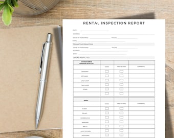 May include: A "Rental Inspection Report" form with fillable fields for date, address, and tenant information. A silver pen rests on a brown notepad next to the form. A cup of coffee and a plant are also in the image.