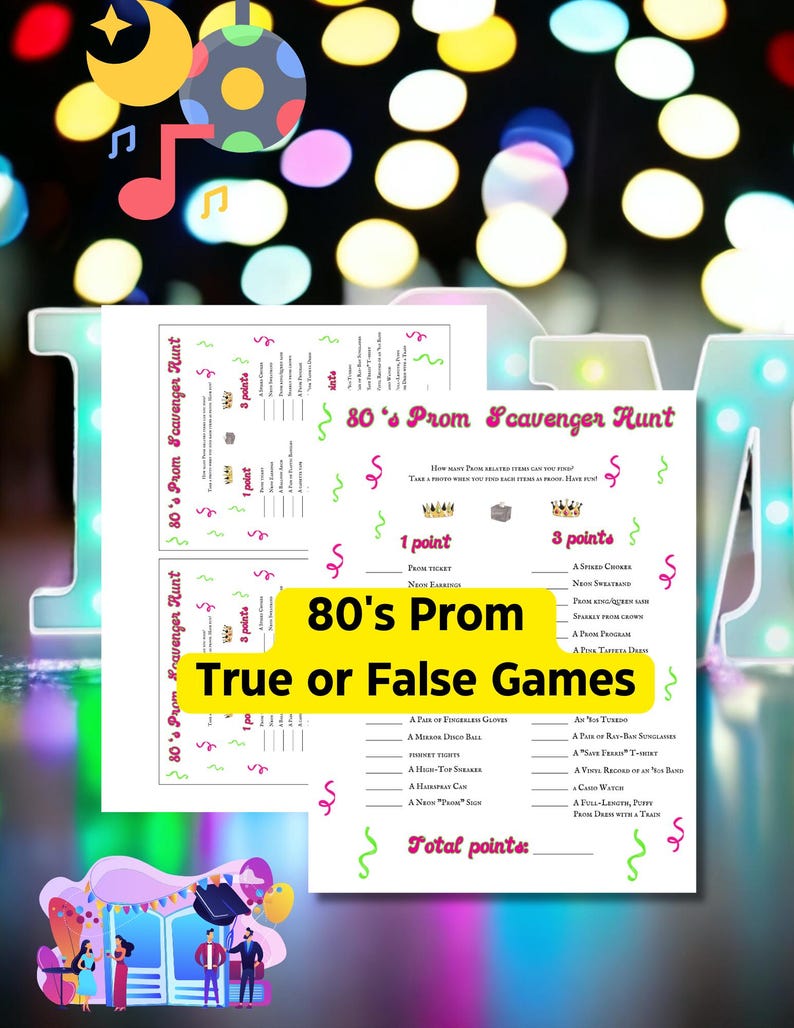 Games For Prom 80's Prom Scavenger Hunt Game: Printable Couple's Activity (PDF), 1980 ...