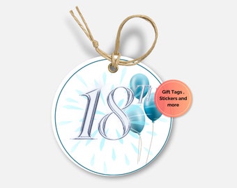 Happy 18th Birthday Festive Party Cupcake Topper, Tags and stickers