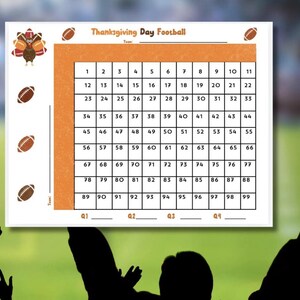 May include: A printable Thanksgiving Day Football game board with a grid of numbers 1 to 99. The board is orange with white grid lines. There are four sections labeled Q1, Q2, Q3, and Q4. The board is surrounded by a white border with a cartoon turkey illustration in the top left corner.
