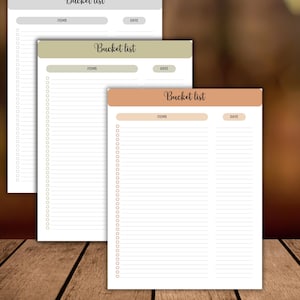 Könnte beinhalten: Drei druckbare Bucket-List-Seiten in neutralen Farben. Jede Seite hat eine Überschrift mit der Aufschrift "Bucket list" mit Abschnitten für "Items" und "Date". Die Seiten sind in Grau-, Grün- und Orangetönen gehalten. Der Text "What is included" und "3 page download" sind ebenfalls sichtbar.